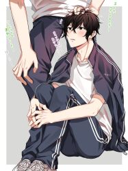 Rule 34 | 2boys, black eyes, black hair, blush, border, given, grey background, hand on another&#039;s head, head out of frame, headpat, highres, jacket, jacket on shoulders, kaji akihiko, male focus, messy hair, motion lines, multiple boys, murata ugetsu, open mouth, pinoli (pinoli66), shirt, track suit, translation request, white border, white shirt, yaoi