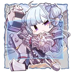 Rule 34 | 1girl, ahoge, amaui, armored boots, blue bow, blue hair, blunt bangs, blush, boots, bow, braid, chibi, closed mouth, commentary, cosplay, crescent, crescent hair ornament, crown braid, energy barrier, energy shield, frown, full body, gauntlets, hair bow, hair ornament, hammer, highres, leg armor, long hair, looking at viewer, medium bangs, nanashi inc., overwatch, overwatch 2, purple eyes, rabbit, reinhardt (overwatch), reinhardt (overwatch) (cosplay), solo, touki31249960, v-shaped eyebrows, virtual youtuber