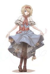 Rule 34 | 1girl, alice margatroid, blonde hair, blue dress, blue eyes, boots, bow, bowing, capelet, cross-laced footwear, doll, dress, full body, hair bow, heart, heart of string, looking at viewer, mitsunara, one eye closed, pantyhose, ribbon, shanghai doll, short hair, smile, solo, string, touhou, white background