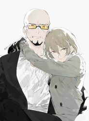 Rule 34 | 2boys, akechi gorou, arms around neck, bald, beard, black-framed eyewear, black gloves, black jacket, black pants, brown hair, closed mouth, collared shirt, commentary request, facial hair, frown, furrowed brow, glasses, gloves, grey background, grey jacket, hair between eyes, hands up, highres, jacket, kaninn, long sleeves, looking at viewer, male focus, mature male, multiple boys, outstretched arms, pants, partially unbuttoned, persona, persona 5, red eyes, semi-rimless eyewear, shidou masayoshi, shirt, short hair, simple background, sitting, sitting on lap, sitting on person, smile, smug, spoilers, tinted eyewear, under-rim eyewear, white shirt, yaoi, yellow-tinted eyewear