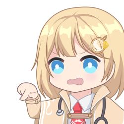 Rule 34 | 1girl, blonde hair, blue eyes, bright pupils, chibi, coat, collared shirt, hair ornament, hololive, hololive english, necktie, open mouth, pointing, red necktie, shirt, short hair, short necktie, solo, stethoscope, upper body, virtual youtuber, watson amelia, watson amelia (1st costume), white pupils, white shirt, yellow coat, zephylyne