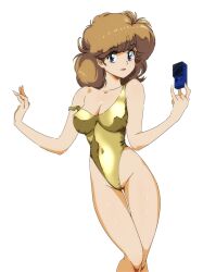 Rule 34 | 1girl, absurdres, blue eyes, breasts, cleavage, gold one-piece swimsuit, highleg, highleg swimsuit, highres, light brown hair, looking at viewer, medium breasts, medium hair, object request, one-piece swimsuit, original, samoto mitsukuni, simple background, solo, swimsuit, thigh gap, white background