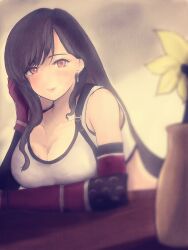 Rule 34 | 1girl, arm guards, bare shoulders, black hair, blush, breast rest, breasts, breasts on table, brown hair, cleavage, crop top, detached sleeves, earrings, final fantasy, final fantasy vii, final fantasy vii remake, flower, flower pot, gloves, highres, indoors, jewelry, large breasts, lips, long hair, red eyes, red gloves, ribaton1213, skirt, smile, solo, square enix, suspender skirt, suspenders, tank top, tifa lockhart, upper body, white tank top, yellow flower