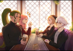 Rule 34 | 2boys, 2girls, black jacket, black shirt, black sweater, blue eyes, breasts, brown hair, cafe, cleavage, duma (fire emblem), evomanaphy, fire emblem, fire emblem heroes, frown, green hair, grima (fire emblem), hand grab, highres, iced coffee, jacket, jewelry, laughing, looking at another, menu, multiple boys, multiple girls, nintendo, original, pink eyes, pink hair, pointy ears, ponytail, red eyes, ring, robin (fire emblem), robin (male) (fire emblem), shirt, smile, sweater, table, talking, tattoo, turtleneck, turtleneck sweater, white hair