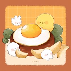 Rule 34 | 4others, artist name, bird, blush stickers, border, brown border, character name, chick, chicken, closed eyes, commentary, creature, daifuku (tenmiyakiyo), drooling, egg (food), english text, floating, food, fried egg, hamburger steak, highres, holding, holding food, kimipiyo (tenmiyakiyo), multiple others, no humans, on food, open mouth, original, oversized food, oversized object, potato wedges, rabbit, saliva, signature, solid circle eyes, symbol-only commentary, tenmiyakiyo, tsubumaru (tenmiyakiyo), usachii (tenmiyakiyo)