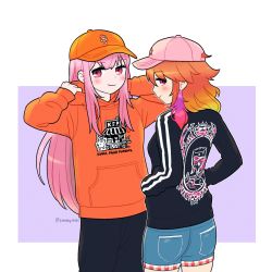 2girls alternate_costume black_hoodie chen_(somanychens) earrings feather_earrings feathers female_focus gradient_hair hair_down highres hololive hololive_english hood hood_down hoodie jewelry kfp long_sleeves looking_at_viewer mori_calliope multicolored_hair multiple_girls orange_hair orange_headwear pink_hair shorts smile takanashi_kiara virtual_youtuber