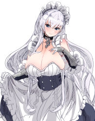 Rule 34 | 1girl, absurdres, azur lane, belfast (azur lane), black eyes, blush, breasts, broken, broken chain, chain, cleavage, collar, dress, frilled dress, frills, gloves, grey hair, hair between eyes, hand on own chest, hey taisyou, highres, large breasts, long hair, maid, maid headdress, simple background, skirt hold, smile, solo, very long hair, white background, white gloves