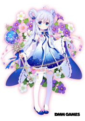 Rule 34 | 1girl, ahoge, blue bow, blue eyes, blue footwear, blue hair, bow, bowtie, closed mouth, commentary request, copyright name, detached sleeves, dmm, floral background, flower, flower knight girl, full body, gradient background, hair between eyes, hair ribbon, hair rings, highres, holding, holding wand, light blue hair, long hair, looking at viewer, name connection, object namesake, official art, ribbon, santa matsuri, smile, solo, standing, sutera (flower knight girl), thighhighs, wand, white background, white thighhighs, wide sleeves