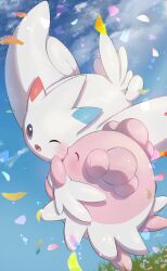 Rule 34 | absurdres, blissey, blue sky, blush, closed eyes, creatures (company), day, flying, game freak, gen 2 pokemon, gen 4 pokemon, highres, nintendo, no humans, nullma, one eye closed, open mouth, outdoors, pokemon, pokemon (creature), sky, togekiss