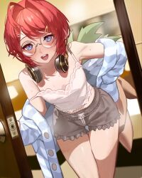 Rule 34 | 1girl, :d, ahoge, ange katrina, ange katrina (6th costume), armpits, blue eyes, blush, camisole, door, doorway, glasses, hair intakes, hair ornament, hairclip, headphones, headphones around neck, highres, jacket, jacket partially removed, kamitoge supino, looking at viewer, nijisanji, open mouth, opening door, pov doorway, red hair, short hair, shorts, smile, solo, strap slip, sweat, virtual youtuber
