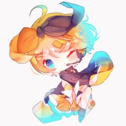 Rule 34 | 1girl, black bow, black sleeves, blonde hair, bloom, blue eyes, bow, chibi, commentary, full body, fuyuzuki gato, hair bow, hair ornament, hairclip, headset, highres, japanese clothes, kagamine rin, kimono, looking at viewer, magical mirai (vocaloid), magical mirai rin, one eye closed, orange bow, short hair, smile, solo, swept bangs, two-tone bow, vocaloid, white background