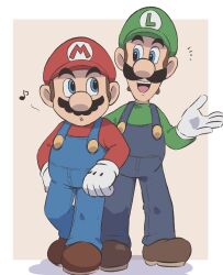 Rule 34 | 2boys, blue eyes, blue overalls, boots, border, brothers, brown footwear, facial hair, gloves, green headwear, green shirt, hat, highres, luigi, male focus, mario, mario (series), multiple boys, musical note, mustache, nintendo, open mouth, overalls, red headwear, red shirt, shirt, siblings, simple background, teeth, upper teeth only, white border, white gloves, ya mari 6363