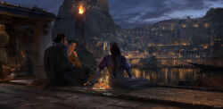 Rule 34 | 1girl, 4boys, absurdres, arm support, braid, bridge, city, city lights, cobblestone, dress, fantasy, fire, from behind, highres, laughing, mountain, multiple boys, night, night sky, numenor, official art, reflection, reflective water, renart, rings of power, river, sky, teapot, tolkien&#039;s legendarium, trireme, watercraft, watermark, waterwheel, white dress