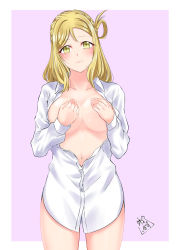 Rule 34 | 10s, 1girl, :3, absurdres, akira miku ver, bad id, bad pixiv id, blonde hair, blouse, blush, border, braid, breasts, breasts out, collared shirt, covering privates, covering breasts, cowboy shot, crown braid, eyes visible through hair, gradient background, head tilt, highres, large breasts, light smile, long hair, looking at viewer, love live!, love live! sunshine!!, navel, no bra, ohara mari, open clothes, open shirt, outside border, panties, panty peek, pink background, purple panties, shirt, signature, simple background, solo, standing, unbuttoned, unbuttoned shirt, underwear, white background, white border, white shirt, yellow eyes