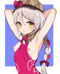 Rule 34 | 1girl, armpits, arms behind head, arms up, between breasts, blue background, blush, border, braid, braided ponytail, breasts, brown scarf, clothes between breasts, commentary request, fire emblem, fire emblem engage, framme (fire emblem), grey hair, hair between eyes, hair ribbon, hat, highres, hondaranya, looking at viewer, medium hair, nintendo, nipples, outside border, paid reward available, plaid, plaid scarf, ribbon, scarf, simple background, small breasts, smile, solo, sweat, upper body, white border, yellow eyes