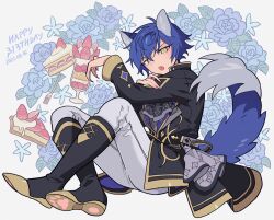Rule 34 | 1boy, :o, animal ears, ascot, black ascot, black footwear, black jacket, blue flower, blue hair, blue rose, boots, cake, crossed legs, dated, ensemble stars!, floral background, flower, food, full body, gold trim, hair between eyes, happy birthday, highres, idol clothes, jacket, kemonomimi mode, knee boots, knees up, long sleeves, looking at viewer, male focus, meremero, open mouth, pants, paw print, rose, sazanami jun, shoe soles, short hair, sitting, solo, strawberry parfait, strawberry shortcake, tail, white pants, wolf ears, wolf tail, yellow eyes