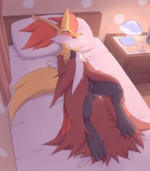 Rule 34 | 1girl, animal ear fluff, animal ears, animal feet, animal nose, arm behind back, black fur, blush, body fur, breasts, breath, cleft of venus, coffee mug, creatures (company), cup, curtains, delphox, feet, female focus, female masturbation, fingering, fox ears, fox girl, fox tail, from above, full body, furry, furry female, game freak, gen 6 pokemon, half-closed eyes, hand on own chest, hand up, highres, indoors, kajinchu, lamp, legs, looking to the side, lying, masturbation, mug, multicolored fur, nintendo, on back, on bed, open mouth, pillow, pokemon, pokemon (creature), protected link, pussy, pussy juice, red eyes, red fur, small breasts, snout, solo, sweat, tail, uncensored, vaginal, white fur, wooden floor, yellow fur