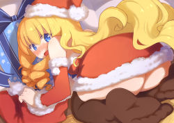 Rule 34 | 10s, 1girl, amagi brilliant park, ass, bare shoulders, bent over, black thighhighs, blonde hair, blue eyes, blush, box, breasts, christmas, detached sleeves, dress, dutch angle, embarrassed, feet, gift, gift box, hair between eyes, hat, highres, latifa fleuranza, long hair, looking at viewer, looking back, medium breasts, moonhackle, no shoes, nose blush, on floor, open mouth, red dress, santa costume, santa hat, seiza, sitting, soles, solo, star (symbol), star print, thighhighs, toes, wooden floor
