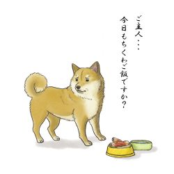 Rule 34 | 7c&#039;, animal, animal focus, bowl, chikuwa, dog, food, lowres, no humans, pet bowl, shiba inu, simple background, solo, white background