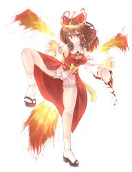 Rule 34 | 1girl, ascot, bloomers, bow, breasts, brown hair, clenched hand, closed mouth, commentary request, cookie (touhou), detached sleeves, fiery tail, fiery wings, fighting stance, fire, frilled bow, frilled hair tubes, frills, full body, hair between eyes, hair bow, hair tubes, hakurei reimu, highres, hyper muteki (ningen no kuzu), kanna (cookie), leg up, looking at viewer, medium breasts, medium hair, red bow, red eyes, red shirt, red skirt, ribbon-trimmed sleeves, ribbon trim, shirt, simple background, skirt, sleeveless, sleeveless shirt, smile, solo, tail, touhou, transparent background, underwear, white sleeves, wings, yellow ascot, yellow bow