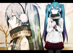 Rule 34 | 1girl, ahoge, arisaka ako, bad id, bad pixiv id, blue hair, coat, earmuffs, frilled skirt, frills, gloves, green eyes, hatsune miku, letterboxed, long hair, piano keys, piano print, ryuusei sound (vocaloid), scarf, skirt, solo, twintails, vocaloid