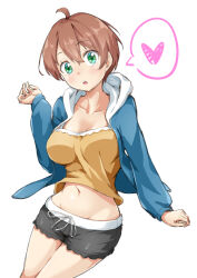 Rule 34 | 1girl, black shorts, blush, breasts, brown hair, cleavage, collarbone, commentary, green eyes, heart, highres, large breasts, looking at viewer, midriff, navel, new game!, open mouth, orange shirt, shinoda hajime, shirt, short hair, shorts, solo, spoken heart, tank top, t~t