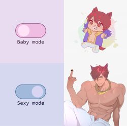 Rule 34 | 1boy, abs, absurdres, animal ears, baby mode sexy mode (meme), bar censor, bara, blush, censored, chibi, english text, highres, large pectorals, league of legends, male focus, meme, middle finger, muscular, muscular male, navel, open clothes, open mouth, open vest, pants, pectorals, purple vest, red hair, scar, scar on face, scar on nose, sett (league of legends), short hair, smile, topless male, vest, white pants, xingdrdr