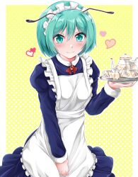 Rule 34 | 1girl, absurdres, alternate costume, antennae, apron, blue dress, blush, border, bow, bowtie, breasts, closed mouth, commentary request, cowboy shot, cup, dress, enmaided, fingernails, frilled apron, frills, green eyes, green hair, green nails, hair between eyes, heart, highres, holding, holding tray, long sleeves, looking at viewer, maid, maid headdress, medium bangs, muki (munikichan), nail polish, outside border, polka dot, polka dot background, red bow, red bowtie, red brooch, saucer, short hair, small breasts, smile, solo, teacup, teapot, touhou, tray, white apron, white border, wriggle nightbug, yellow background