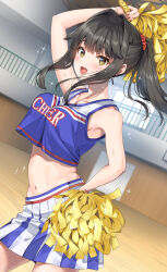 Rule 34 | 1girl, arm up, armpits, bare shoulders, black hair, blue shirt, blue skirt, blush, cheerleader, commentary request, crop top, crop top overhang, cropped shirt, gym, hair intakes, hair ornament, hair scrunchie, highres, holding, holding pom poms, indoors, looking at viewer, midriff, miniskirt, navel, open mouth, original, pom pom (cheerleading), pom poms, ponytail, scrunchie, shirt, skirt, smile, solo, stomach, unasaka ryou, white skirt, yellow eyes