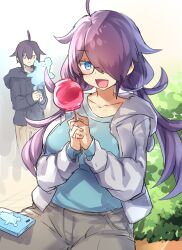 Rule 34 | 1boy, 1girl, ahoge, apple, blue eyes, breasts, bush, candy apple, caramel, cowboy shot, dot nose, expressionless, food, fruit, glasses, hair between eyes, hair over one eye, haruto (pokoten), holding, holding food, jacket, large breasts, long hair, matching hair/eyes, open mouth, original, outdoors, pants, phone, pokoten (pokoten718), purple eyes, renna (pokoten), siblings, smile, twintails