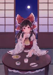 Rule 34 | 1girl, ascot, bare shoulders, black hair, blush, bow, closed mouth, cup, detached sleeves, hair bow, hair tubes, hakurei reimu, holding, holding cup, indoors, japanese clothes, long hair, looking at viewer, mozukuzu (manukedori), nontraditional miko, red bow, red eyes, ribbon-trimmed sleeves, ribbon trim, shouji, sidelocks, sliding doors, smile, solo, touhou, white sleeves, wide sleeves, yellow ascot
