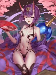 Rule 34 | 1girl, :d, alcohol, atorosu, bare shoulders, blush, breasts, cherry blossoms, cup, fangs, fate/grand order, fate (series), horns, japanese clothes, kimono, looking at viewer, navel, oni, open clothes, open kimono, open mouth, petals, pouring, purple eyes, purple hair, sakazuki, sake, short hair, shuten douji (fate), sitting, skin-covered horns, small breasts, smile, solo, thigh gap