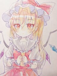 Rule 34 | 1girl, ascot, bat wings, blonde hair, crystal, flandre scarlet, hat, hat ribbon, highres, hiyuu (hiyualice), mob cap, multicolored wings, one side up, puffy short sleeves, puffy sleeves, red eyes, red skirt, red vest, ribbon, short sleeves, side ponytail, skirt, skirt set, solo, touhou, traditional media, upper body, vest, white hat, wings, yellow ascot