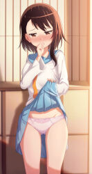 Rule 34 | 1girl, blue sailor collar, blue skirt, blush, breasts, brown eyes, brown hair, clothes lift, commentary request, commission, covering own mouth, crotch seam, embarrassed, feet out of frame, groin, highres, indoors, kamuchin soda, large breasts, lifted by self, long sleeves, looking down, medium hair, miniskirt, necktie, nisekoi, nose blush, onodera kosaki, orange necktie, paid reward available, panties, pink panties, pleated skirt, sailor collar, sailor shirt, school uniform, serafuku, shirt, skeb commission, skirt, skirt lift, solo, standing, sweatdrop, tearing up, tears, underwear, white shirt