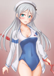 Rule 34 | 1girl, alternate costume, anti (untea9), beret, bident, blue eyes, blush, breasts, brown background, covered navel, gradient background, grey hair, hat, high school fleet, highres, jacket, javelin (kancolle), kantai collection, lance of longinus (evangelion), long hair, looking at viewer, medium breasts, multicolored clothes, multicolored swimsuit, neon genesis evangelion, new school swimsuit, one-piece swimsuit, polearm, sailor hat, school swimsuit, smile, solo, sweatdrop, swimsuit, weapon, white hat, white jacket