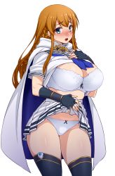 Rule 34 | 1girl, :o, black gloves, black thighhighs, blue eyes, blue neckerchief, blush, bra, braid, breasts, brown hair, cape, cleavage, clothes lift, cowboy shot, embarrassed, fingerless gloves, furrowed brow, gloves, hair between eyes, hand on own chest, hand on own stomach, hand up, highres, idol heroes (idolmaster), idolmaster, idolmaster million live!, kousaka umi, large breasts, lifting own clothes, long hair, miniskirt, multiple braids, namidame, neckerchief, nose blush, open mouth, panties, pleated skirt, sailor collar, shirt, shirt lift, short sleeves, sidelocks, simple background, skirt, skirt lift, solo, standing, sweatdrop, teeth, thighhighs, thighs, underwear, upper teeth only, white background, white bra, white cape, white panties, white shirt, white skirt