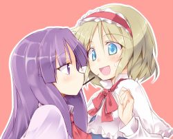 Rule 34 | 2girls, alice margatroid, blonde hair, blue eyes, blush, capelet, eye contact, hairband, long hair, long sleeves, looking at another, mouth hold, multiple girls, nirap, no headwear, open mouth, parody, patchouli knowledge, pocky, pocky day, profile, purple eyes, purple hair, ribbon, satou kibi (style), short hair, smile, style parody, sweatdrop, touhou, upper body, yuri