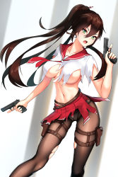 Rule 34 | 1girl, belt, black pantyhose, blurry, blurry background, breasts, brown hair, cameltoe, cleavage, cleft of venus, commentary request, covered erect nipples, dual wielding, feet out of frame, gluteal fold, gun, hair between eyes, handgun, highres, holding, holding gun, holding weapon, holster, large breasts, legs apart, long hair, looking at viewer, navel, neckerchief, nekoda (maoda), no bra, open mouth, original, panties, panties under pantyhose, pantyhose, pistol, ponytail, red neckerchief, revision, school uniform, serafuku, shirt, short sleeves, skin tight, skirt, solo, stomach, thigh holster, torn clothes, torn pantyhose, torn shirt, torn skirt, trigger discipline, underboob, underwear, v-shaped eyebrows, very long hair, weapon, white panties