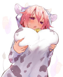 Rule 34 | 1girl, alternate costume, animal print, bell, blush, breasts, commentary request, cow hood, cow horns, cow print, cow tail, cowbell, efe, grabbing own breast, hair between eyes, highres, horns, large breasts, open mouth, pink hair, purple eyes, saigyouji yuyuko, short hair, simple background, solo, tail, teeth, touhou, upper teeth only, white background