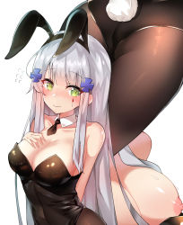 Rule 34 | 1girl, animal ears, arms behind back, ass, bare shoulders, black neckwear, black pantyhose, blue hair, blush, breasts, cleavage, closed mouth, collarbone, detached collar, fake animal ears, flustered, girls&#039; frontline, green eyes, hair ornament, highres, hk416 (girls&#039; frontline), leotard, long hair, meow nyang, nipples, pantyhose, playboy bunny, rabbit ears, rabbit tail, solo, tail