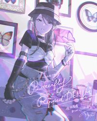 Rule 34 | 1girl, absurdres, belt, belt buckle, belt collar, black belt, black eyes, black hair, black headwear, bracelet, buckle, bug, butterfly, chain, collar, commentary request, earrings, fingernails, hair up, highres, hoshino ichika (project sekai), insect, jewelry, long hair, looking at viewer, nail polish, parang 99, picture frame, ponytail, project sekai, short sleeves, solo, teeth, translation request