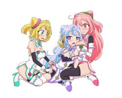 Rule 34 | 10s, 1boy, 2girls, artist request, bike shorts, blonde hair, blue hair, blush, boots, breasts, censored, clothes pull, ffm threesome, girl sandwich, gloves, grabbing, grabbing from behind, green eyes, green footwear, group sex, hacka doll, hacka doll 1, hacka doll 2, hacka doll 3, handjob, hetero, large breasts, long hair, multiple girls, penis, pink footwear, pink hair, purple eyes, purple footwear, sandwiched, shorts, shorts pull, simple background, threesome, trap, trap on female, white background