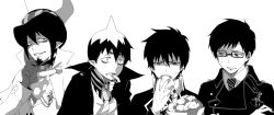 Rule 34 | 4boys, amaimon, ao no exorcist, bad id, bad pixiv id, brothers, cross, eating, facial hair, fang, finger in own mouth, fingerless gloves, food, glasses, gloves, goatee, greyscale, grin, hat, male focus, mephisto pheles, monochrome, multiple boys, necktie, okumura rin, okumura yukio, pointy ears, shaded face, siblings, simple background, smile, striped necktie, striped neckwear, yomi178