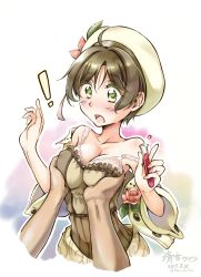 Rule 34 | !, 10s, 1girl, 2017, ahoge, artist name, atelier (series), atelier escha &amp; logy, bare shoulders, beige hat, beret, blush, breast lift, breasts, brown hair, collarbone, colored eyelashes, covered erect nipples, dated, detached sleeves, flower, green eyes, hat, highres, holding, medium breasts, nio altugle, open mouth, pink flower, pink rose, rose, seiko (cleanage), short hair, solo focus, sparkle, strap slip, surprised, test tube, twitter username
