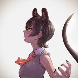 Rule 34 | 10s, 1girl, animal ears, bare shoulders, bow, bowtie, breasts, brown eyes, brown hair, claw pose, commentary request, extra ears, fossa (kemono friends), fossa ears, fossa tail, from side, hair between eyes, highres, kemono friends, medium breasts, monster girl, nail polish, necktie, orange bow, profile, short hair, sleeveless, solo, tail, takami masahiro, upper body