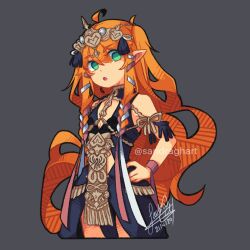 1girl bare_shoulders braid breasts commentary cosplay english_commentary fire_emblem fire_emblem:_three_houses green_eyes hair_ornament hair_ribbon highres long_hair nintendo open_mouth orange_hair original pointy_ears ribbon ribbon_braid sandragh side_braid signature simple_background solo sothis_(fire_emblem) sothis_(fire_emblem)_(cosplay) tiara twin_braids upper_body very_long_hair watermark