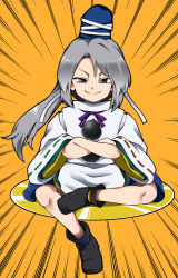 Rule 34 | 1girl, bad id, bad pixiv id, black eyes, crossed arms, emphasis lines, fuantei, grey hair, hat, japanese clothes, long hair, long sleeves, mononobe no futo, plate, pom pom (clothes), ponytail, ribbon, sitting, sitting on object, skirt, smile, solo, tate eboshi, touhou, yellow background