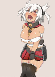 Rule 34 | 1girl, areola slip, bandages, bare shoulders, beige background, black gloves, black thighhighs, blush, breasts, cleavage, dark-skinned female, dark skin, female focus, glasses, gloves, half-closed eyes, hand up, have to pee, kantai collection, large breasts, minamimachi naname, musashi (kancolle), navel, open mouth, peeing, peeing self, pleated skirt, red eyes, red skirt, saliva, sarashi, shiny skin, short hair, simple background, skindentation, skirt, solo, standing, teeth, thighhighs, wet, wet clothes, white hair