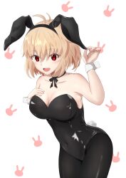Rule 34 | 1girl, :d, ahoge, alternate costume, animal ears, arcueid brunestud, bare shoulders, black leotard, blonde hair, bow, breasts, commentary request, covered navel, detached collar, fake animal ears, fake tail, hair intakes, highres, large breasts, leotard, looking at viewer, open mouth, pantyhose, playboy bunny, rabbit ears, rabbit tail, red eyes, short hair, smile, solo, strapless, strapless leotard, tail, taketuki 217, tsukihime, wrist cuffs