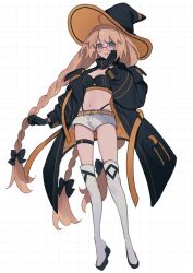 Rule 34 | 1girl, aesc (fate), aesc (rain witch) (fate), belt, black gloves, black jacket, blonde hair, blue eyes, boots, braid, breasts, cleavage, fate/grand order, fate (series), full body, glasses, gloves, grid background, hat, highres, jacket, long hair, long sleeves, low twin braids, navel, official alternate costume, open clothes, open jacket, open mouth, orange belt, puffy long sleeves, puffy sleeves, red-framed eyewear, short shorts, shorts, simple background, smile, solo, thigh belt, thigh boots, thigh strap, twin braids, uxco0, white background, white footwear, white shorts, wide brim, witch hat